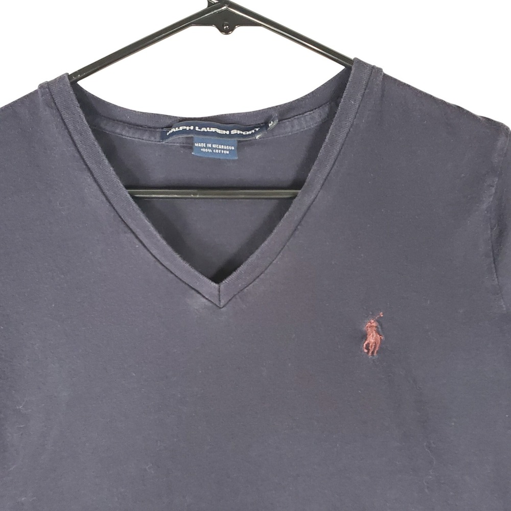 Ralph Lauren Sport Kids Navy Blue V-Neck Cotton T-Shirt Size Medium Red Pony